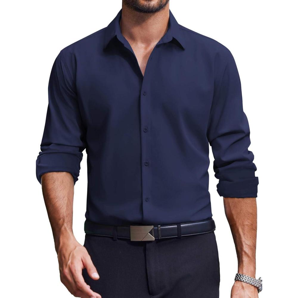imageCOOFANDY Mens Dress Shirts Long Sleeve Casual Button Down Shirt Solid Regular Fit Formal Business ShirtsNavy Blue