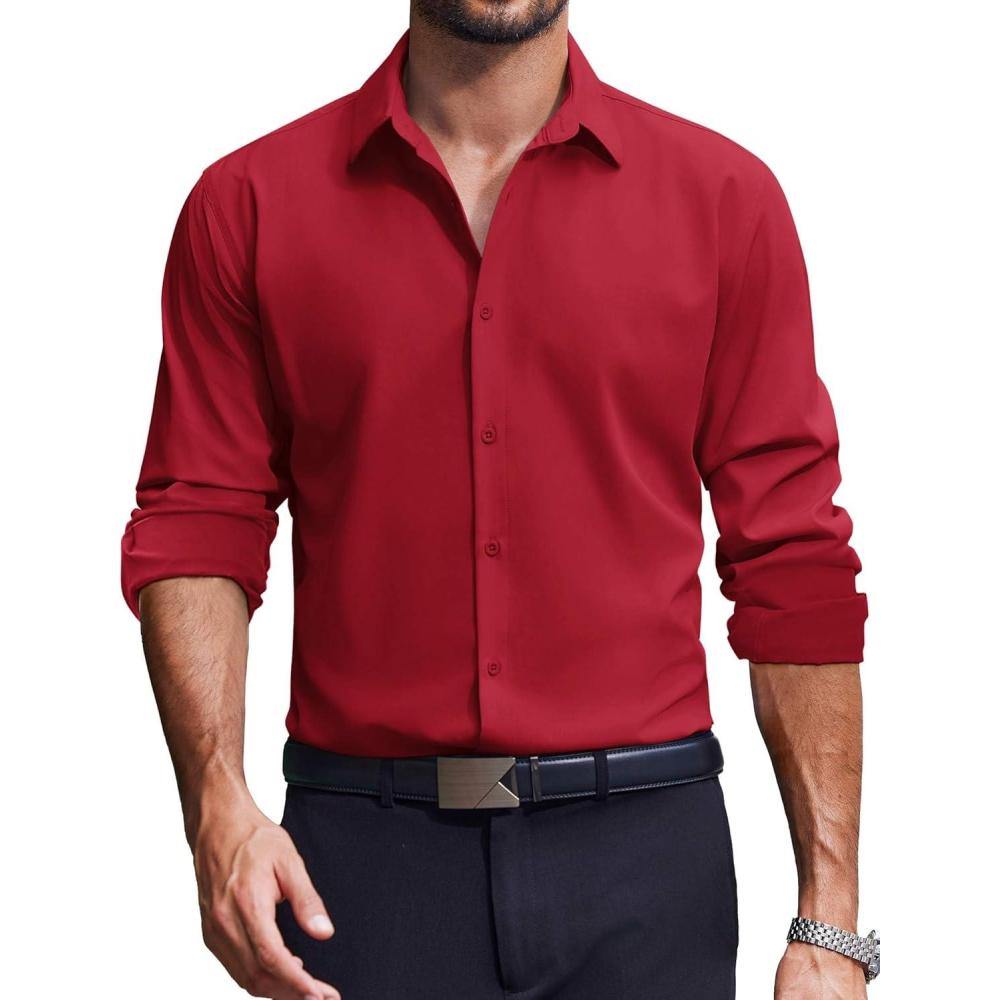 imageCOOFANDY Mens Dress Shirts Long Sleeve Casual Button Down Shirt Solid Regular Fit Formal Business ShirtsRed