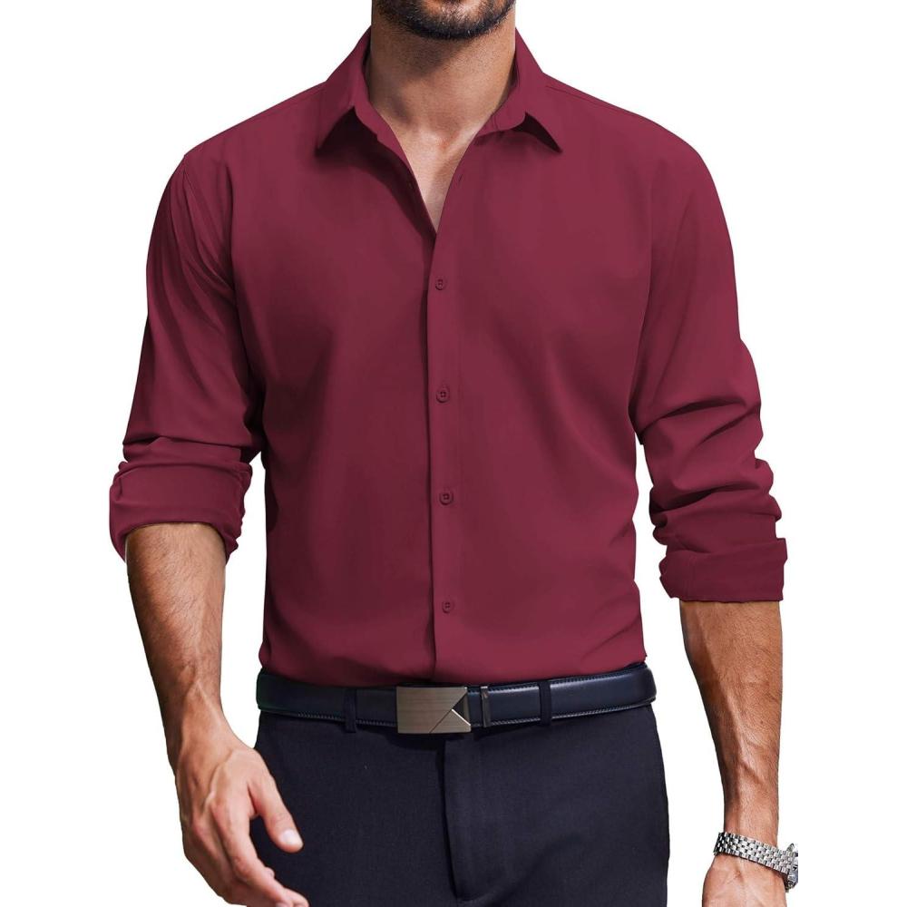 imageCOOFANDY Mens Dress Shirts Long Sleeve Casual Button Down Shirt Solid Regular Fit Formal Business ShirtsWine Red