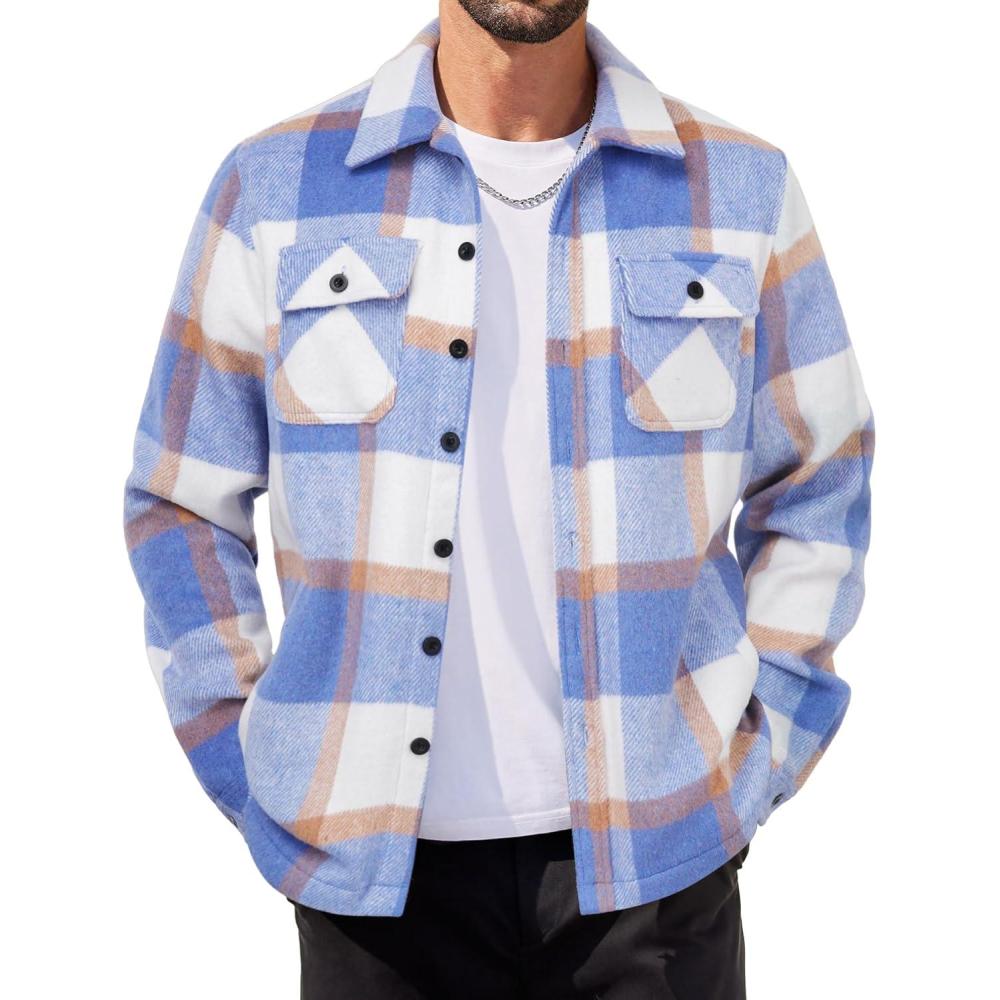imageCOOFANDY Mens Flannel Jacket Plaid Shirt Jackets Fleece Shacket Long Sleeve Button Down Fall Thick Warm OutwearBlue Block