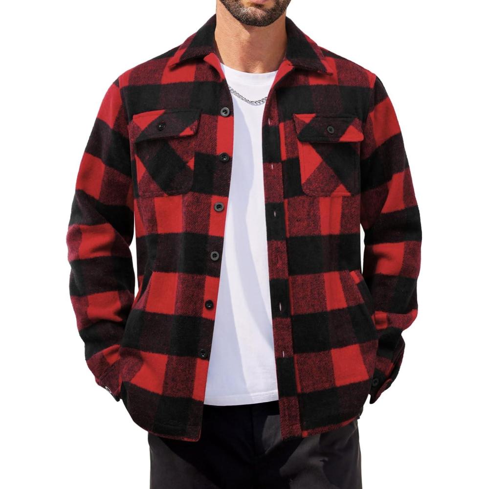 imageCOOFANDY Mens Flannel Jacket Plaid Shirt Jackets Fleece Shacket Long Sleeve Button Down Fall Thick Warm OutwearBuffalo Red Plaid