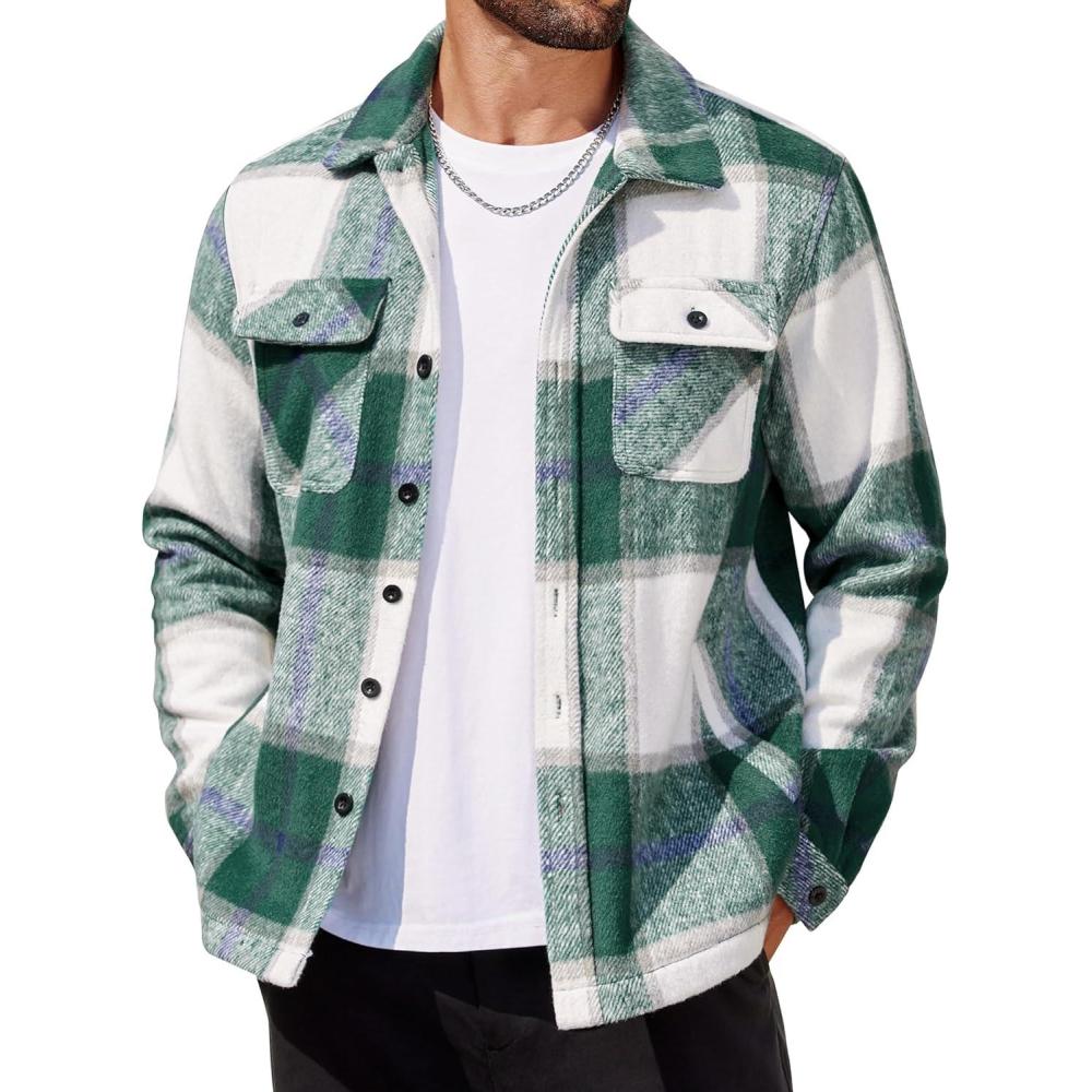 imageCOOFANDY Mens Flannel Jacket Plaid Shirt Jackets Fleece Shacket Long Sleeve Button Down Fall Thick Warm OutwearGreen Block