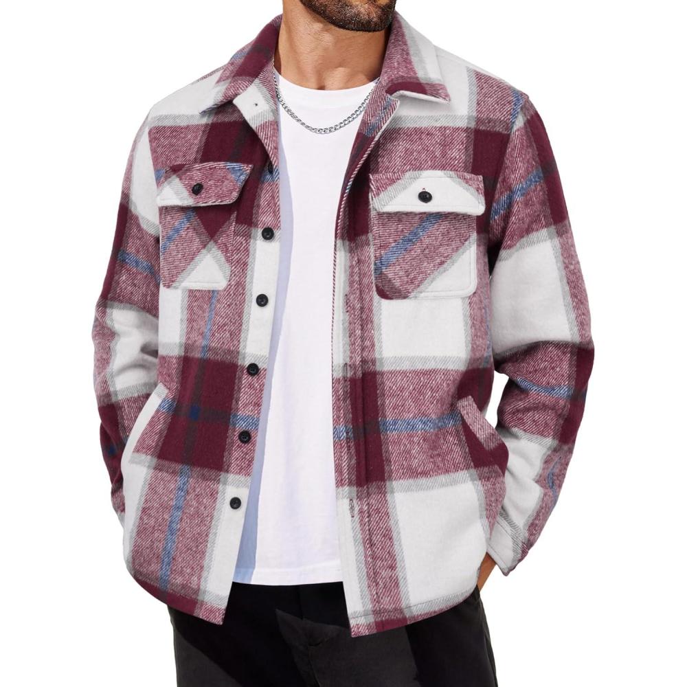 imageCOOFANDY Mens Flannel Jacket Plaid Shirt Jackets Fleece Shacket Long Sleeve Button Down Fall Thick Warm OutwearWine Red Block