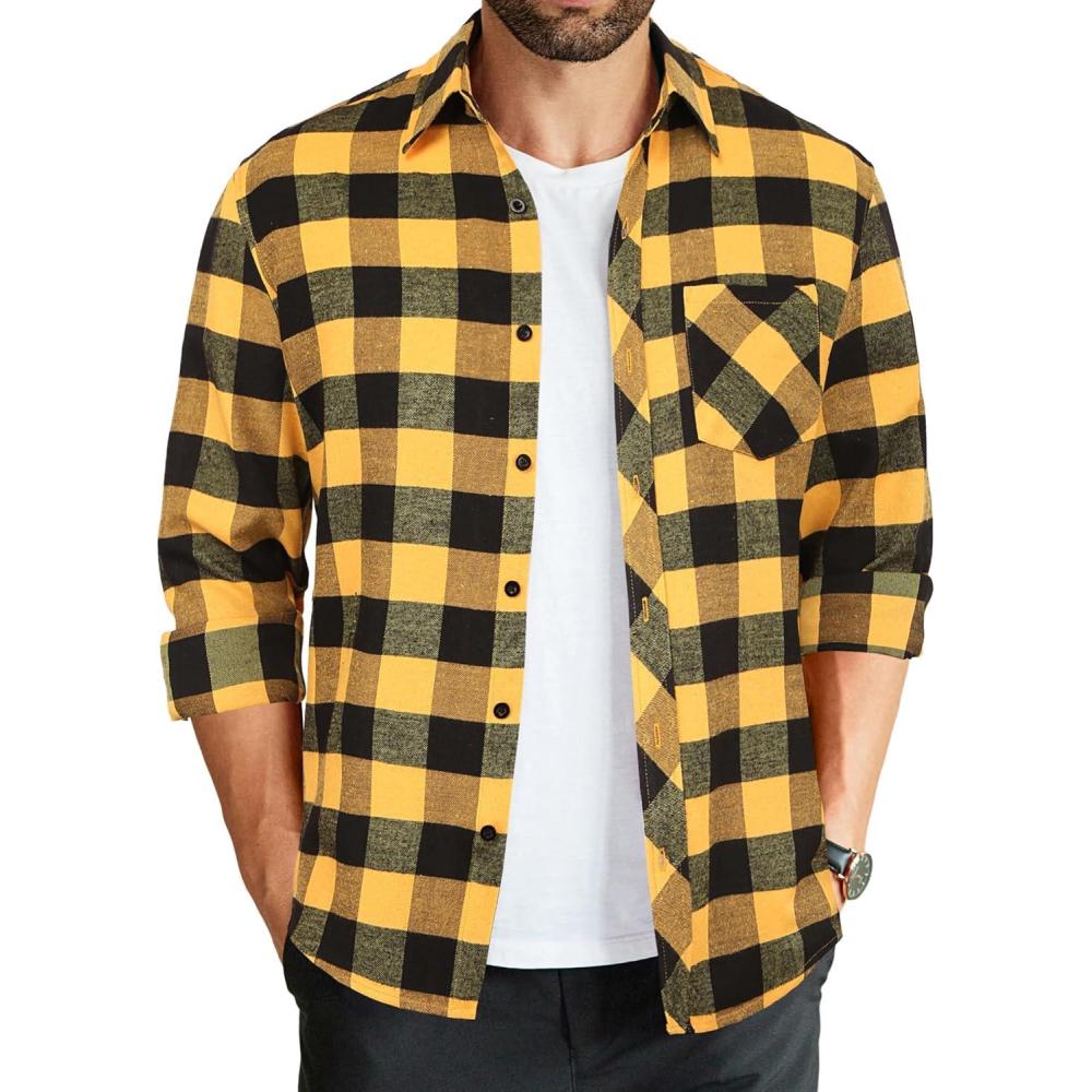 imageCOOFANDY Mens Flannel Plaid Shirts Long Sleeve Button Down Shirts Casual Fall Shirt JacketYellowblack