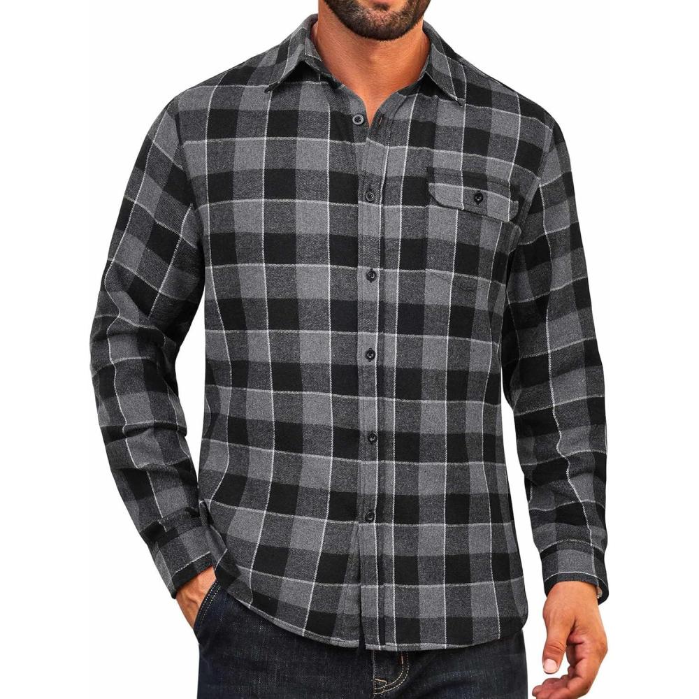 imageCOOFANDY Mens Flannel Plaid Shirts Long Sleeve Casual Button Down Cotton Shirt with PocketBlack Grey Plaid