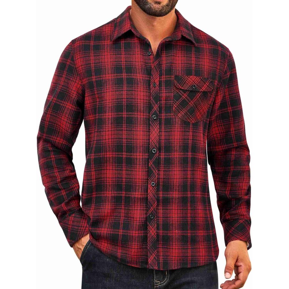 imageCOOFANDY Mens Flannel Plaid Shirts Long Sleeve Casual Button Down Cotton Shirt with PocketBlack Red Plaid