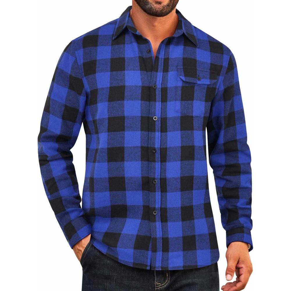 imageCOOFANDY Mens Flannel Plaid Shirts Long Sleeve Casual Button Down Cotton Shirt with PocketBlue Black Plaid