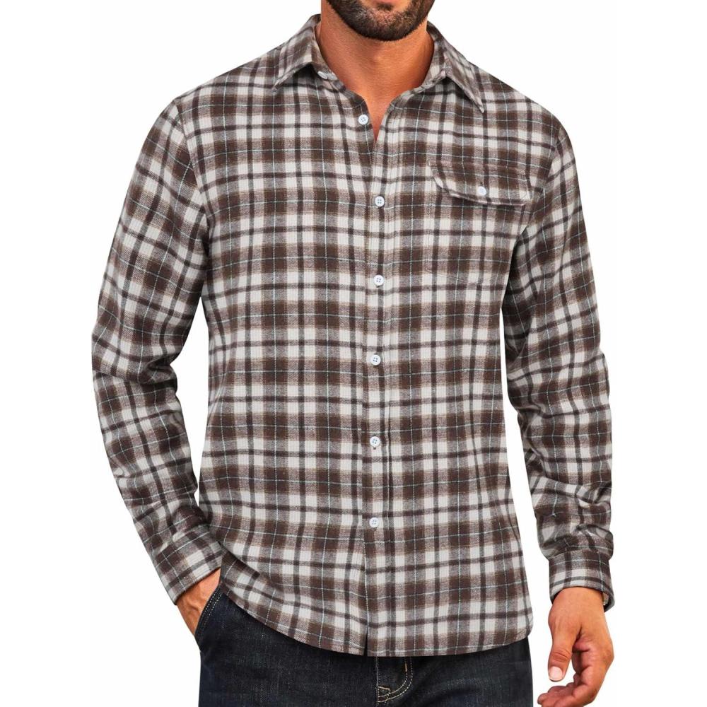 imageCOOFANDY Mens Flannel Plaid Shirts Long Sleeve Casual Button Down Cotton Shirt with PocketBrown White Plaid