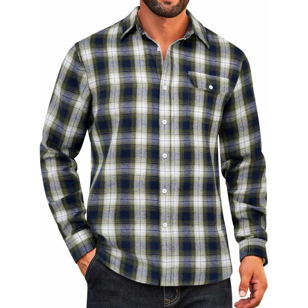 imageCOOFANDY Mens Flannel Plaid Shirts Long Sleeve Casual Button Down Cotton Shirt with PocketNavy Green Plaid