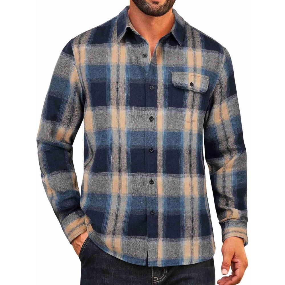 imageCOOFANDY Mens Flannel Plaid Shirts Long Sleeve Casual Button Down Cotton Shirt with PocketNavy Khaki Plaid