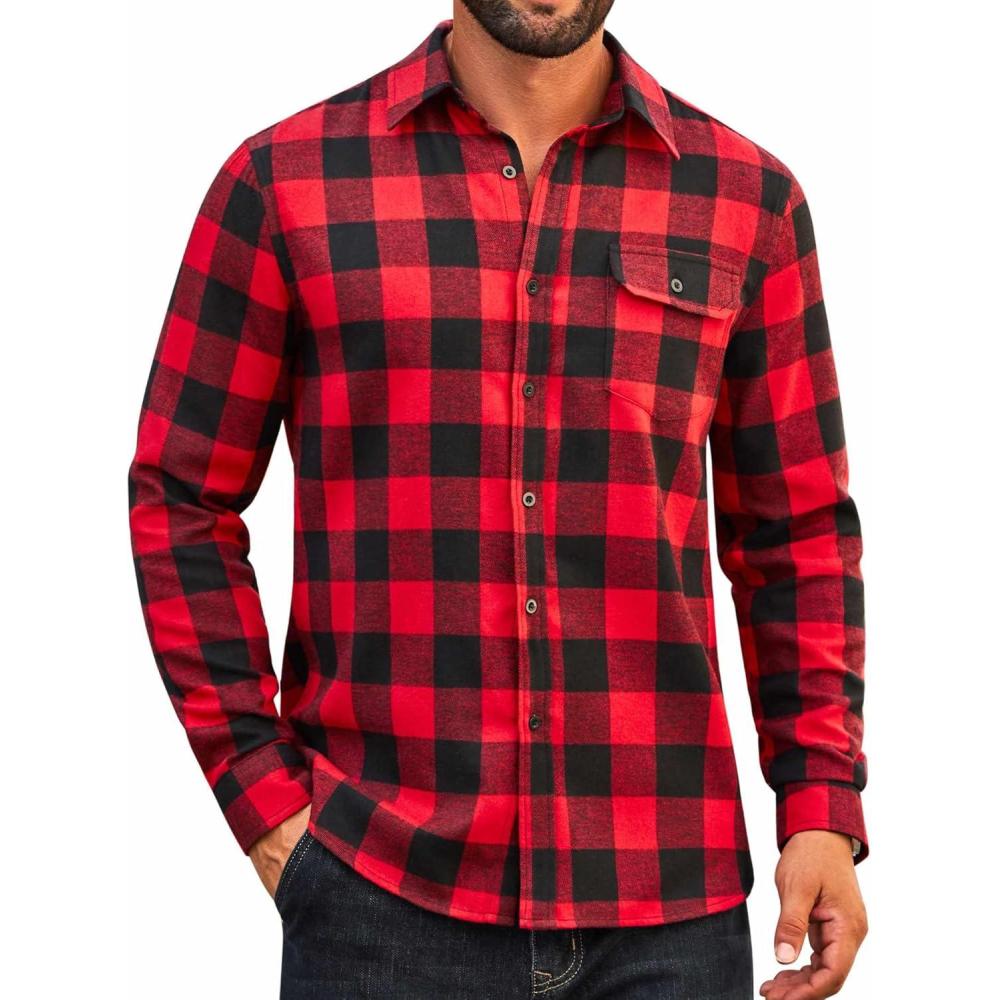imageCOOFANDY Mens Flannel Plaid Shirts Long Sleeve Casual Button Down Cotton Shirt with PocketRed Black Plaid