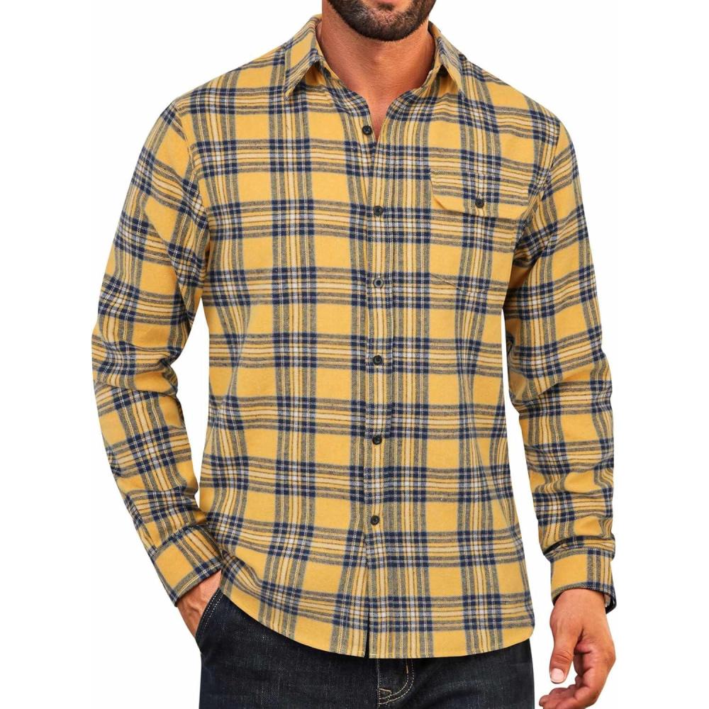 imageCOOFANDY Mens Flannel Plaid Shirts Long Sleeve Casual Button Down Cotton Shirt with PocketYellow Navy Plaid