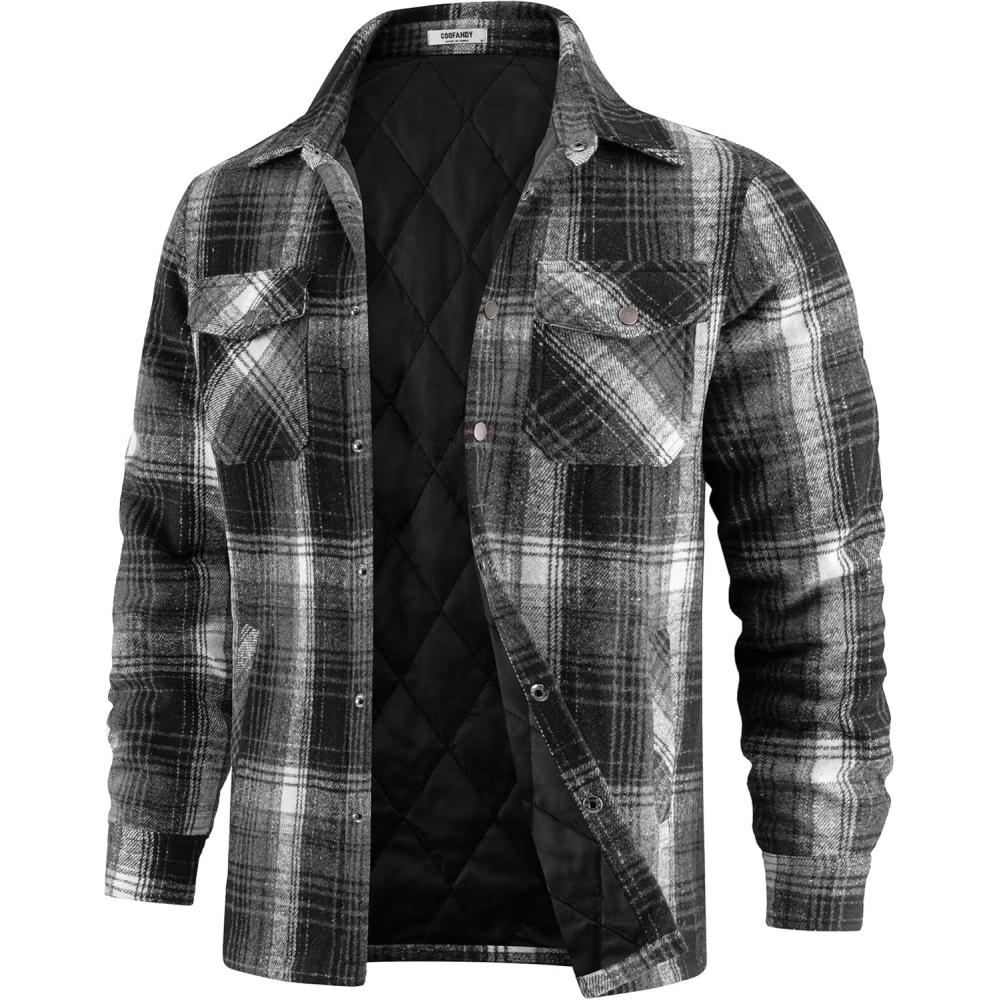 imageCOOFANDY Mens Flannel Shirt Jackets Quilted Lined Plaid Jacket Long Sleeve Button Down Thick Winter Outwear ShacketsBlack