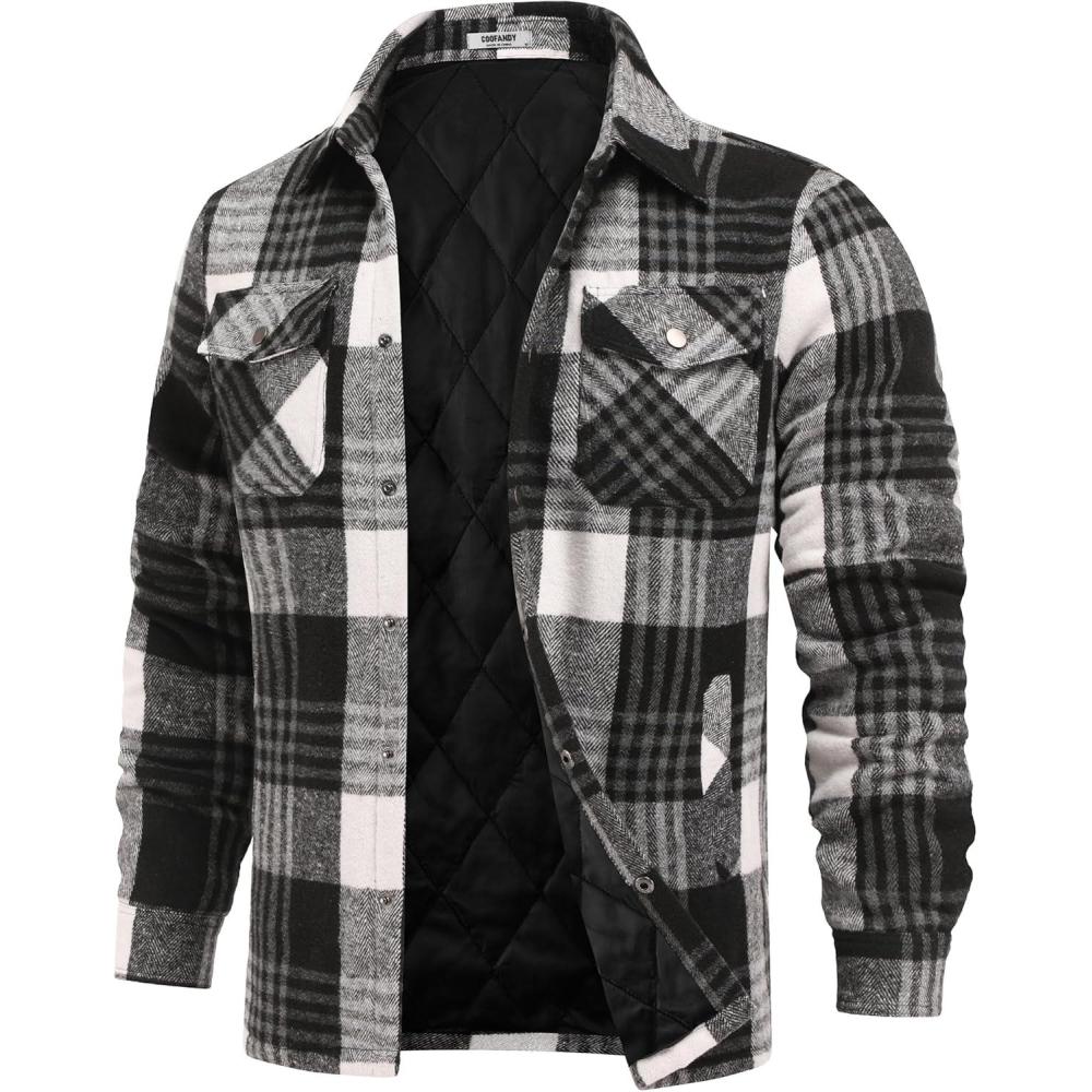 imageCOOFANDY Mens Flannel Shirt Jackets Quilted Lined Plaid Jacket Long Sleeve Button Down Thick Winter Outwear ShacketsBlack Plaid