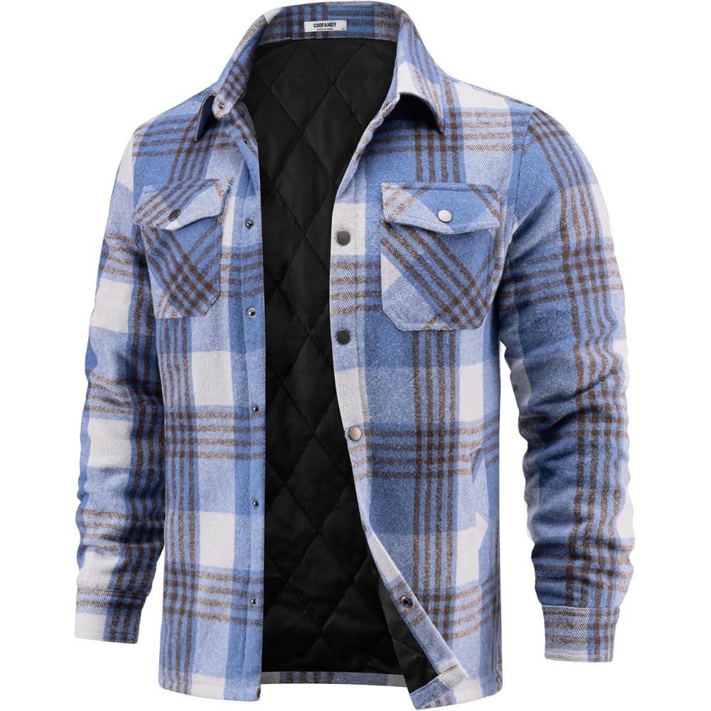 imageCOOFANDY Mens Flannel Shirt Jackets Quilted Lined Plaid Jacket Long Sleeve Button Down Thick Winter Outwear ShacketsBlue
