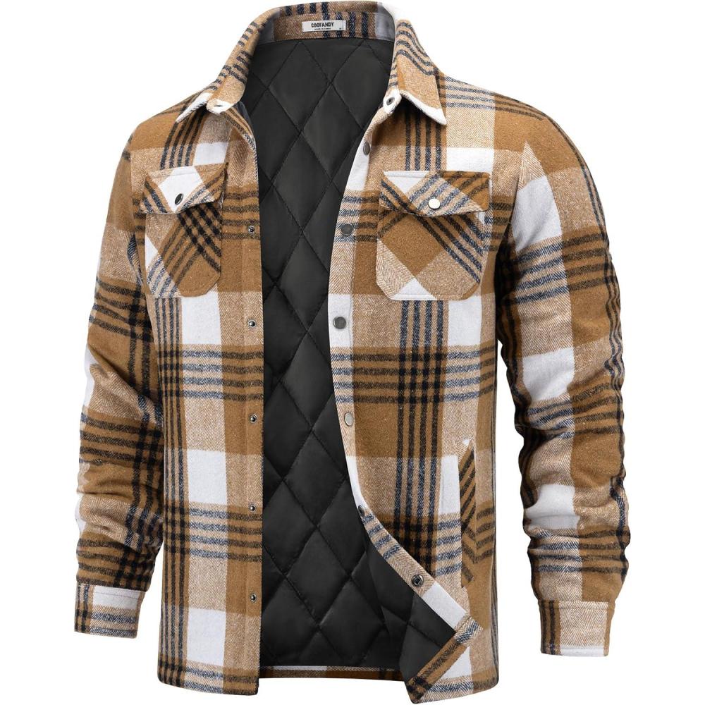 imageCOOFANDY Mens Flannel Shirt Jackets Quilted Lined Plaid Jacket Long Sleeve Button Down Thick Winter Outwear ShacketsBrown