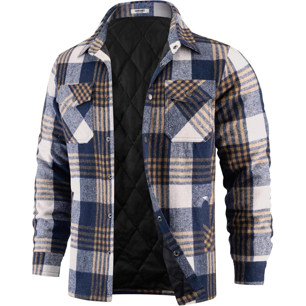 imageCOOFANDY Mens Flannel Shirt Jackets Quilted Lined Plaid Jacket Long Sleeve Button Down Thick Winter Outwear ShacketsDark Blue