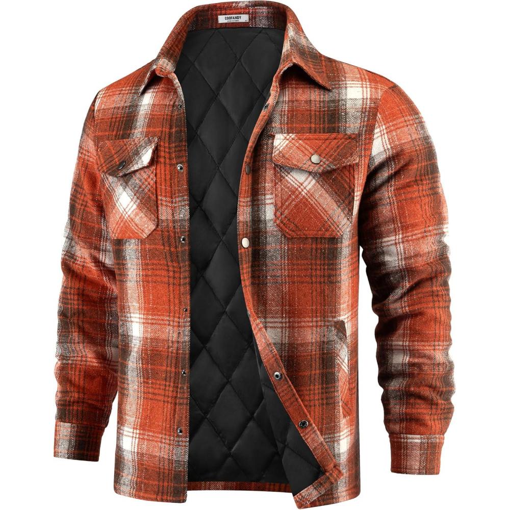 imageCOOFANDY Mens Flannel Shirt Jackets Quilted Lined Plaid Jacket Long Sleeve Button Down Thick Winter Outwear ShacketsOrange