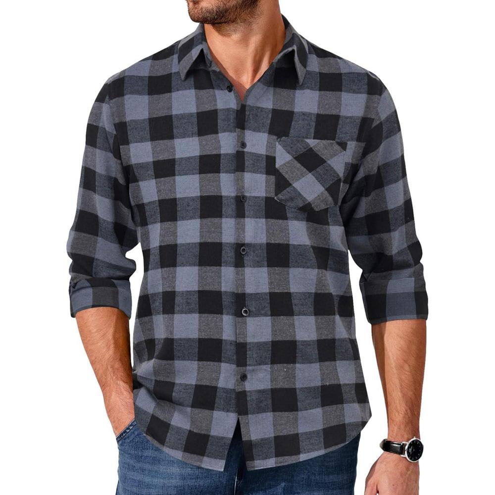 imageCOOFANDY Mens Flannel Shirts Long Sleeve Button Down Plaid Shirt Lightweight Shirt JacketBlack  Grey