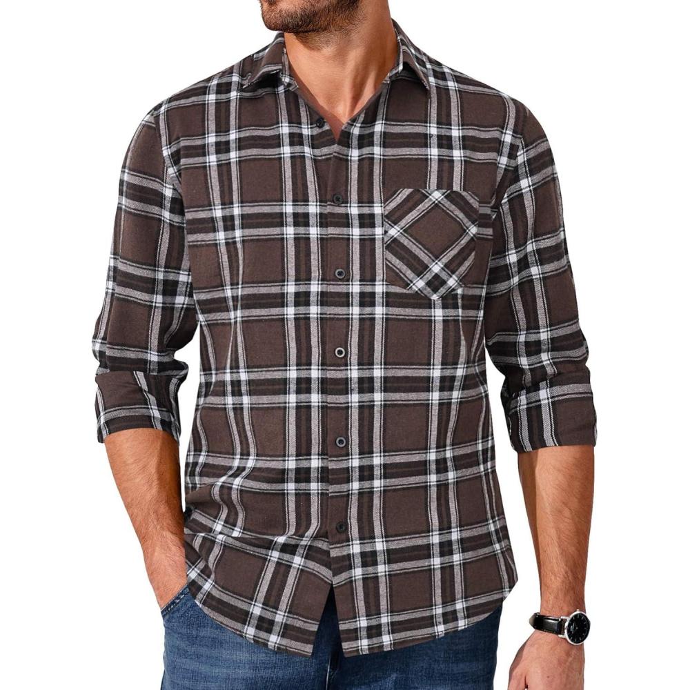 imageCOOFANDY Mens Flannel Shirts Long Sleeve Button Down Plaid Shirt Lightweight Shirt JacketBrown White Black
