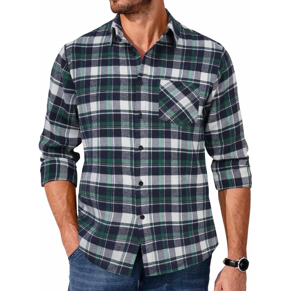 imageCOOFANDY Mens Flannel Shirts Long Sleeve Button Down Plaid Shirt Lightweight Shirt JacketNavy Blue  White