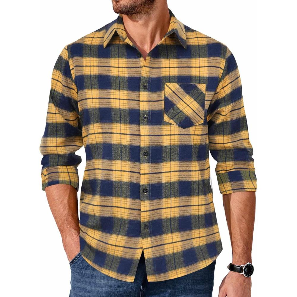 imageCOOFANDY Mens Flannel Shirts Long Sleeve Button Down Plaid Shirt Lightweight Shirt JacketYellownavy Blue
