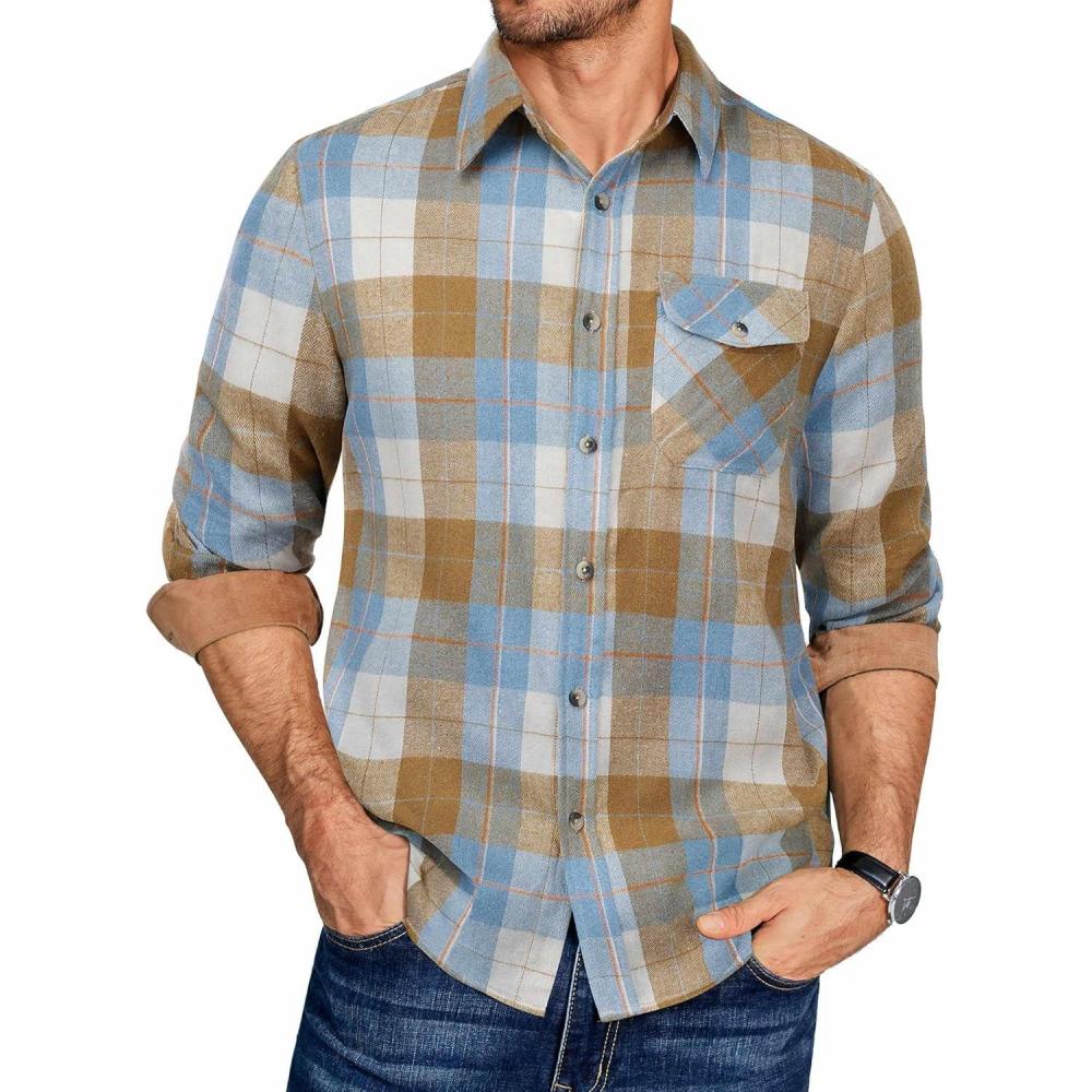 imageCOOFANDY Mens Flannel Shirts Long Sleeve Button Down Shirt Casual Plaid Shirts with PocketBlue Brown Plaid