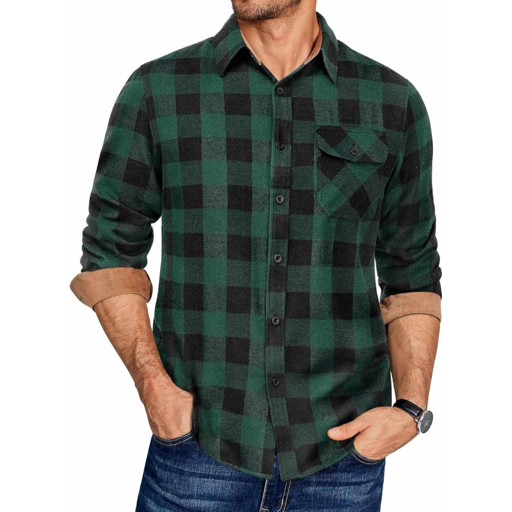 imageCOOFANDY Mens Flannel Shirts Long Sleeve Button Down Shirt Casual Plaid Shirts with PocketGreen Black Plaid