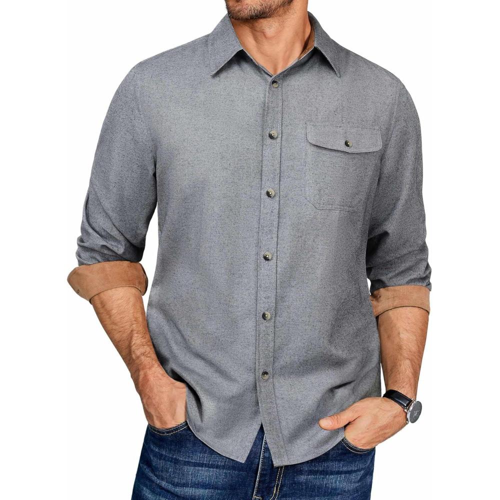 imageCOOFANDY Mens Flannel Shirts Long Sleeve Button Down Shirt Casual Plaid Shirts with PocketGrey Heather