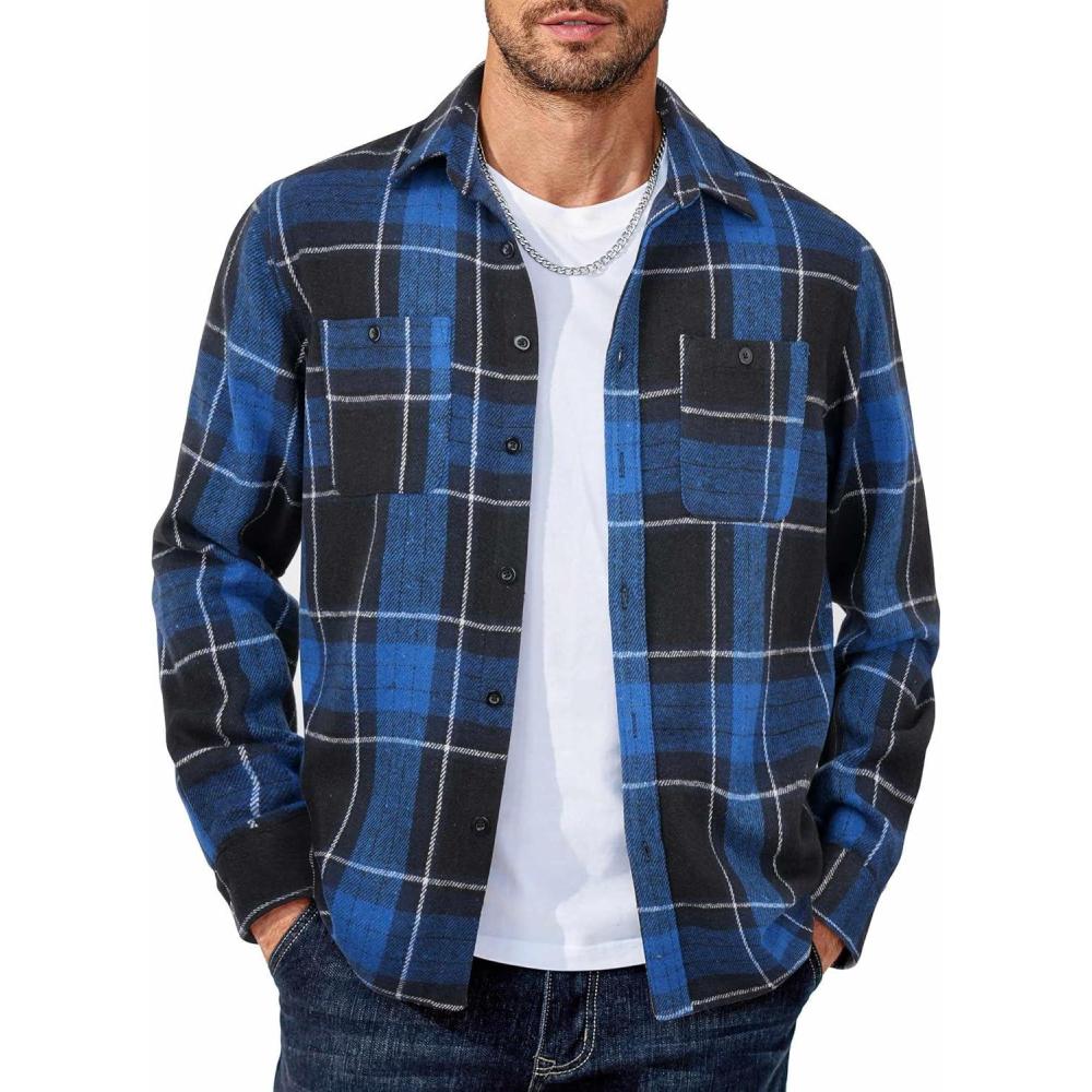 imageCOOFANDY Mens Flannel Shirts Long Sleeve Casual Cotton Plaid Button Down Shirt Jacket with PocketsBlackblue Plaid