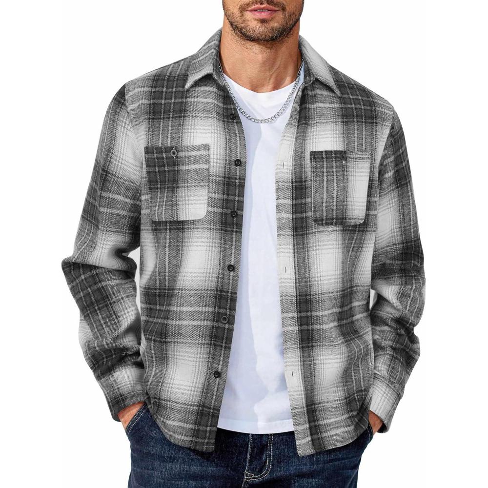 imageCOOFANDY Mens Flannel Shirts Long Sleeve Casual Cotton Plaid Button Down Shirt Jacket with PocketsGraphite Black