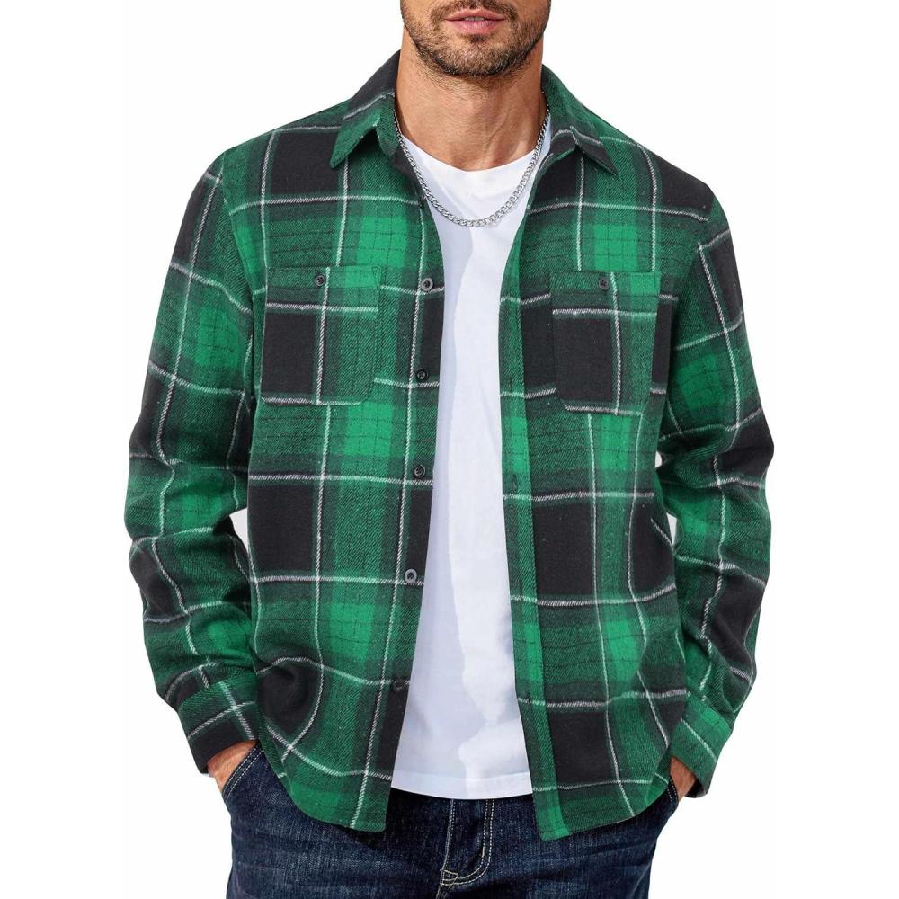 imageCOOFANDY Mens Flannel Shirts Long Sleeve Casual Cotton Plaid Button Down Shirt Jacket with PocketsGreenblack Plaid