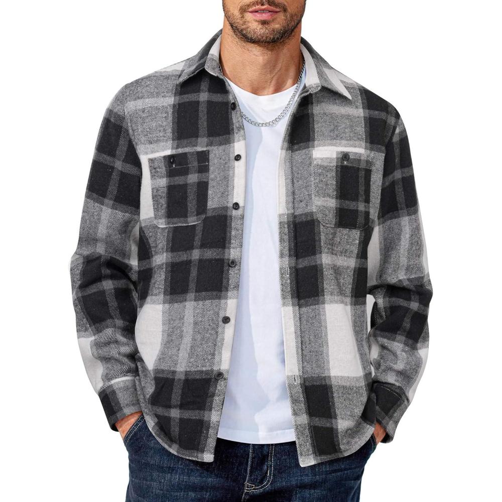 imageCOOFANDY Mens Flannel Shirts Long Sleeve Casual Cotton Plaid Button Down Shirt Jacket with PocketsGreywhite Plaid