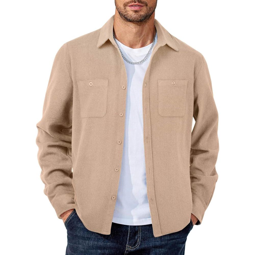 imageCOOFANDY Mens Flannel Shirts Long Sleeve Casual Cotton Plaid Button Down Shirt Jacket with PocketsKhaki