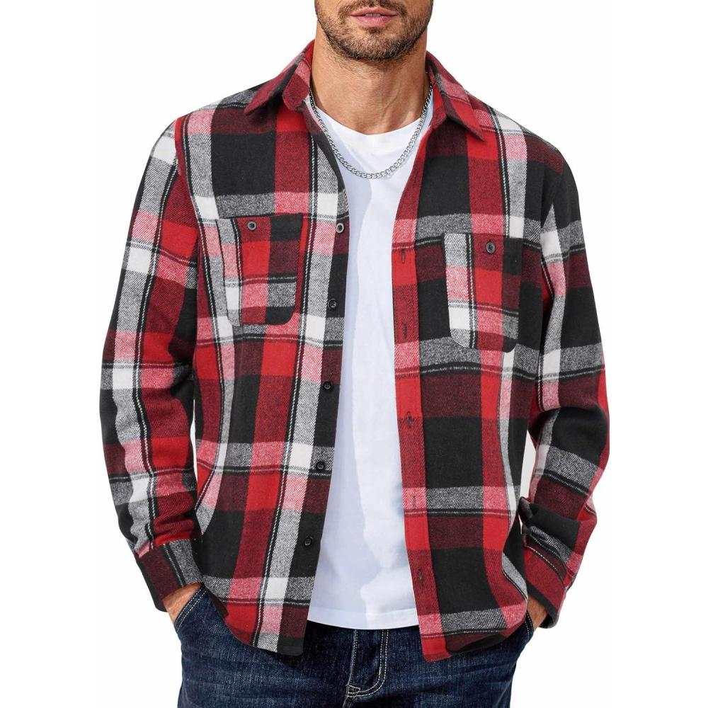 imageCOOFANDY Mens Flannel Shirts Long Sleeve Casual Cotton Plaid Button Down Shirt Jacket with PocketsRedblack Plaid