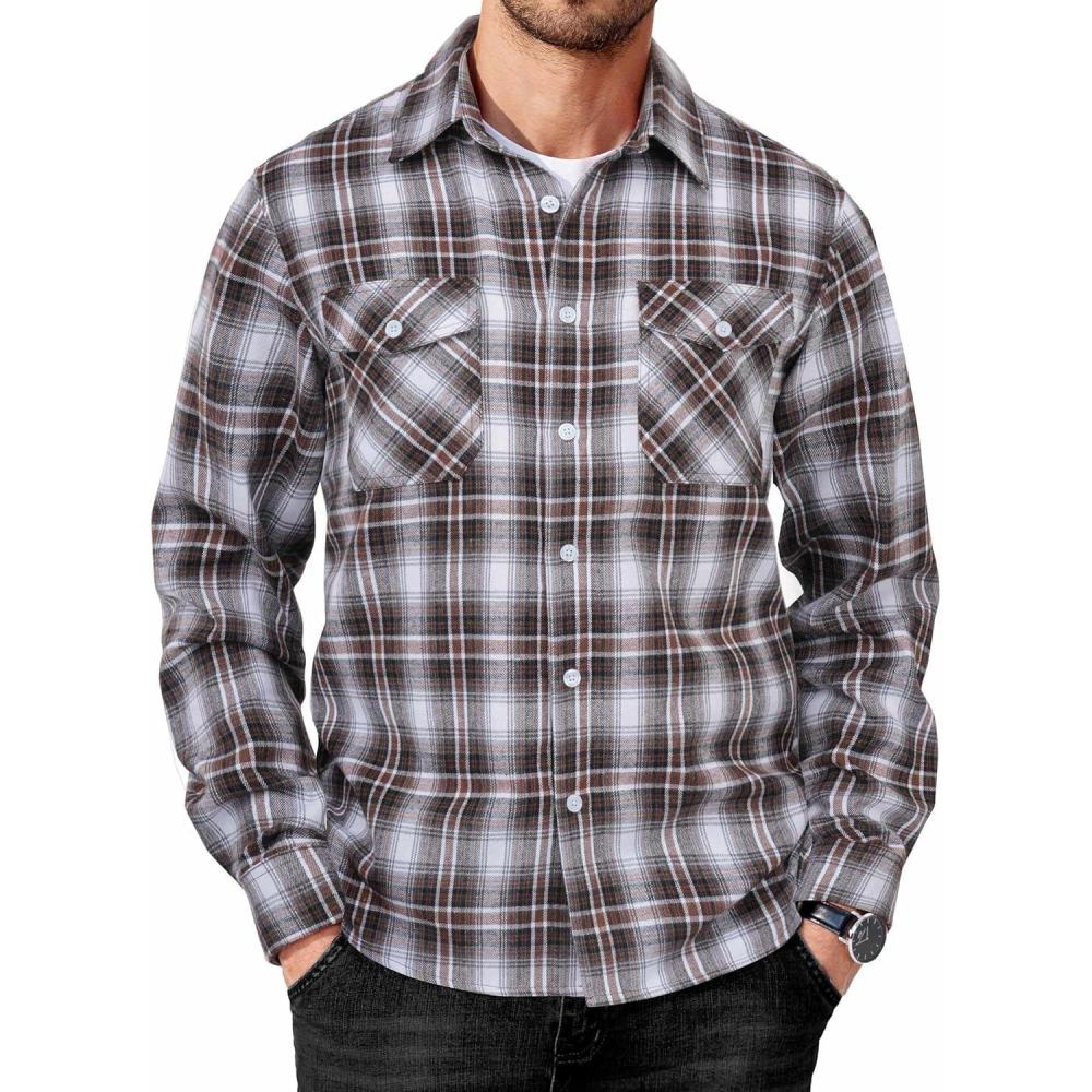 imageCOOFANDY Mens Flannel Shirts Long Sleeve Casual Plaid Button Down Shirt Cotton Shirt Cowboy Work Shirts with PocketsBlackbrown
