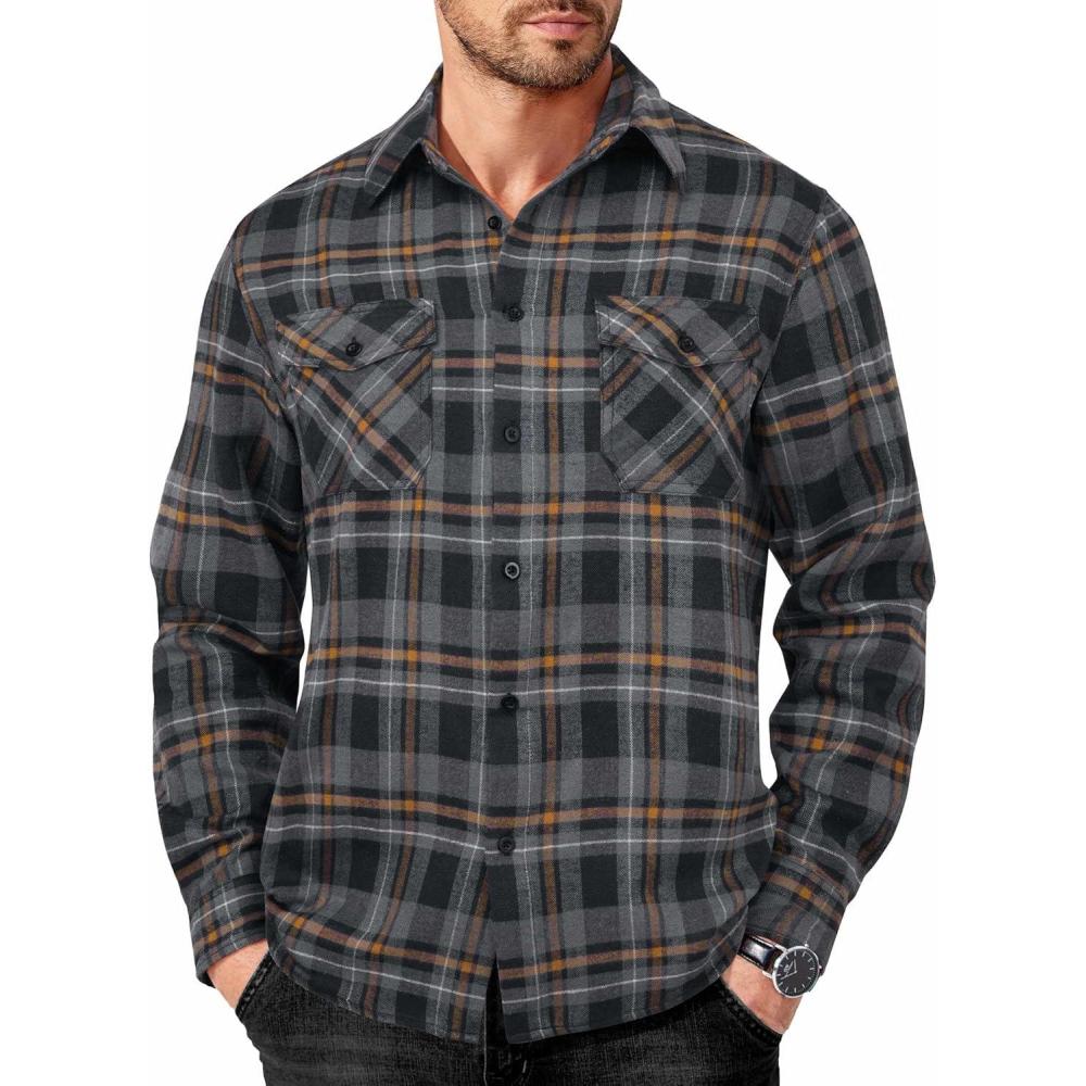 imageCOOFANDY Mens Flannel Shirts Long Sleeve Casual Plaid Button Down Shirt Cotton Shirt Cowboy Work Shirts with PocketsBlackgrey