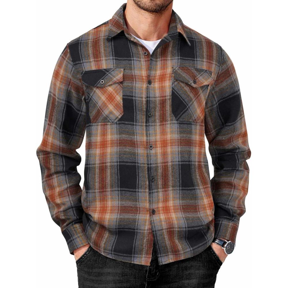 imageCOOFANDY Mens Flannel Shirts Long Sleeve Casual Plaid Button Down Shirt Cotton Shirt Cowboy Work Shirts with PocketsBlackorange