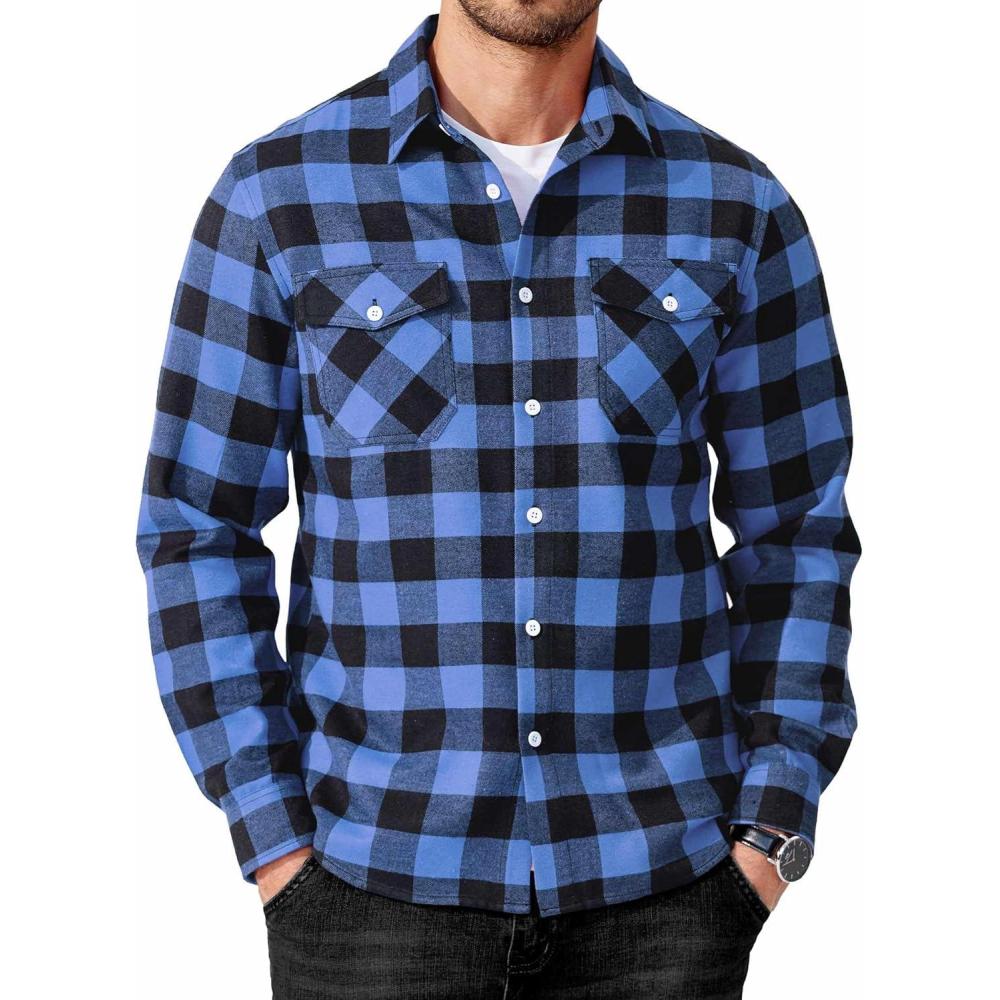 imageCOOFANDY Mens Flannel Shirts Long Sleeve Casual Plaid Button Down Shirt Cotton Shirt Cowboy Work Shirts with PocketsBlue