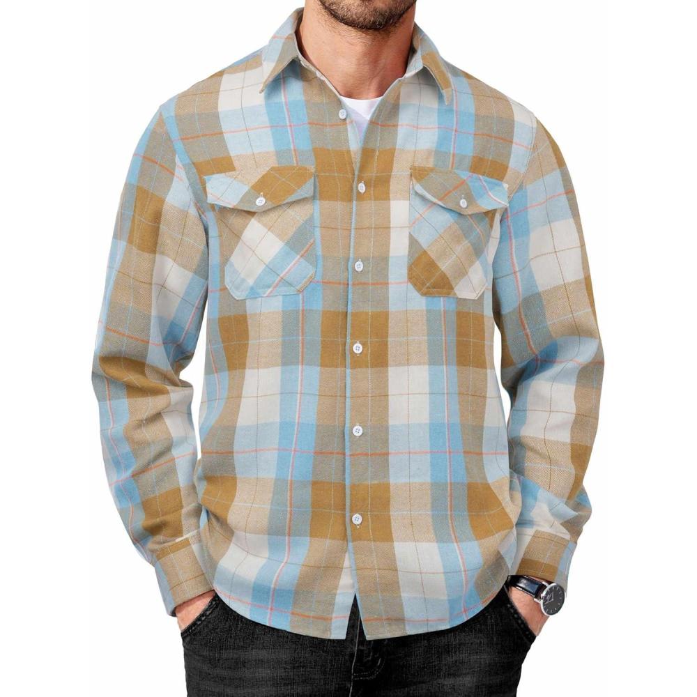 imageCOOFANDY Mens Flannel Shirts Long Sleeve Casual Plaid Button Down Shirt Cotton Shirt Cowboy Work Shirts with PocketsBluekhaki