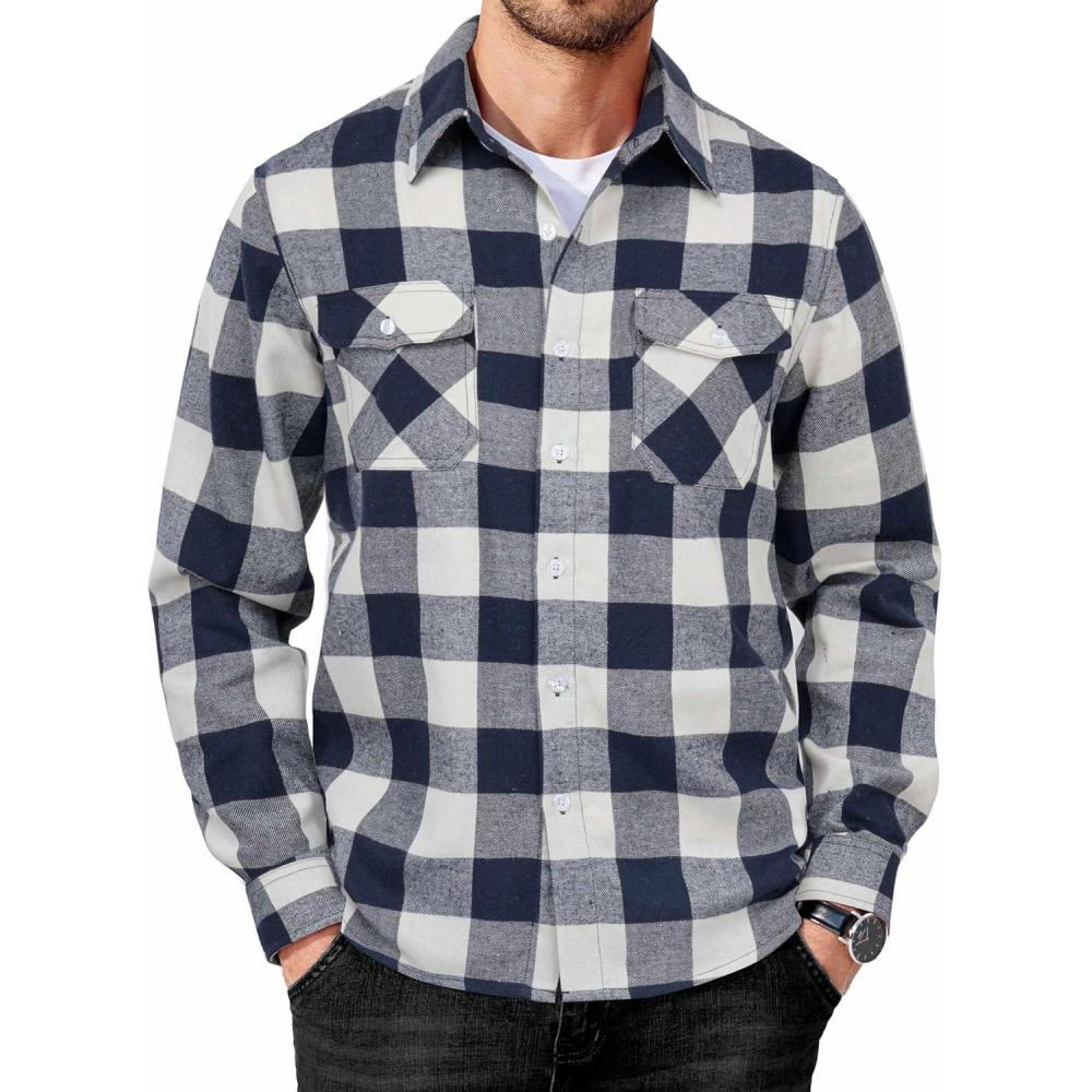imageCOOFANDY Mens Flannel Shirts Long Sleeve Casual Plaid Button Down Shirt Cotton Shirt Cowboy Work Shirts with PocketsBluewhite