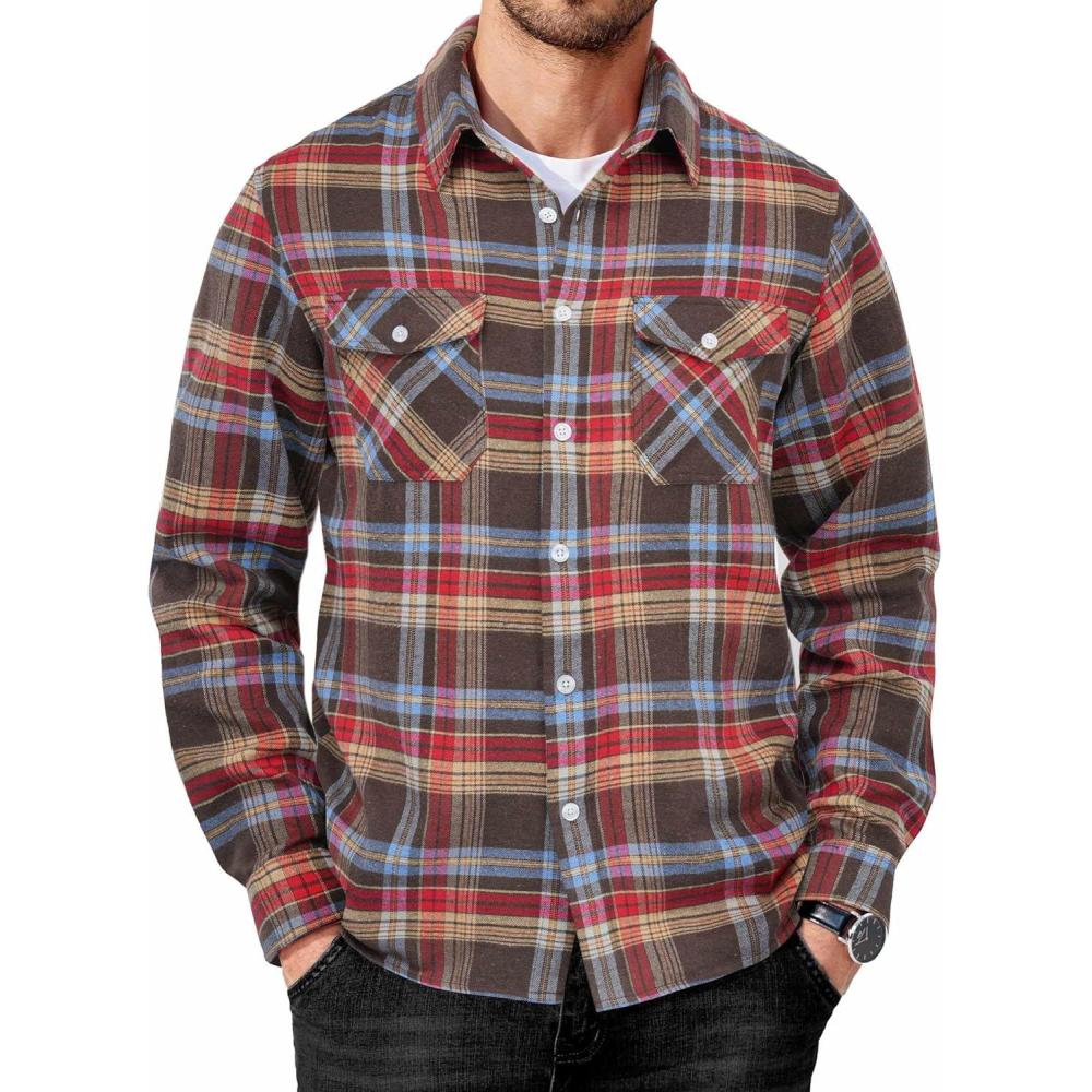 imageCOOFANDY Mens Flannel Shirts Long Sleeve Casual Plaid Button Down Shirt Cotton Shirt Cowboy Work Shirts with PocketsClassic British