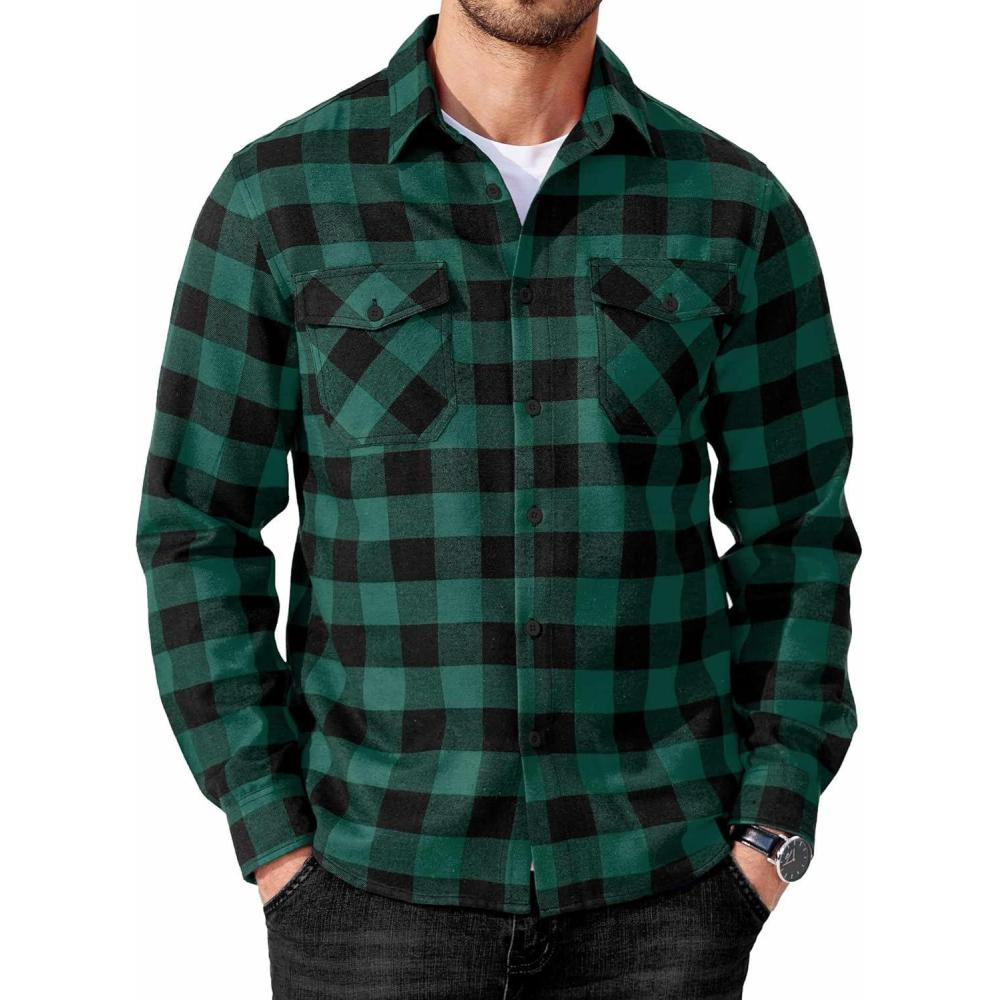 imageCOOFANDY Mens Flannel Shirts Long Sleeve Casual Plaid Button Down Shirt Cotton Shirt Cowboy Work Shirts with PocketsGreen