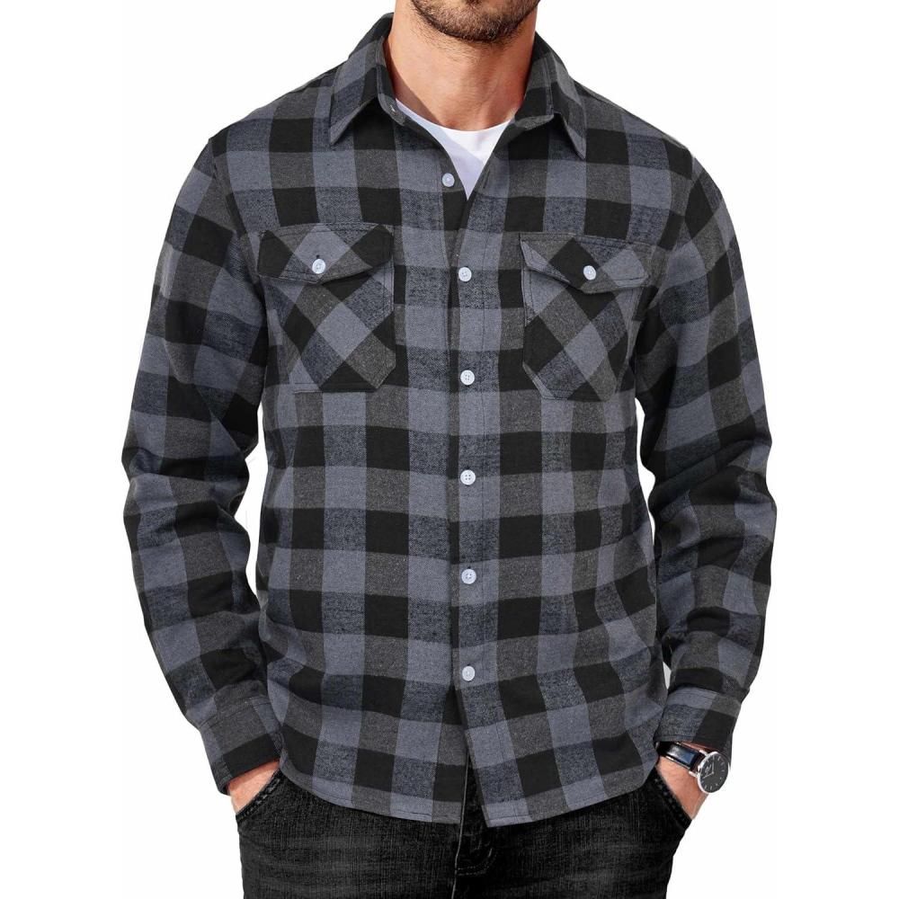 imageCOOFANDY Mens Flannel Shirts Long Sleeve Casual Plaid Button Down Shirt Cotton Shirt Cowboy Work Shirts with PocketsGreyblue