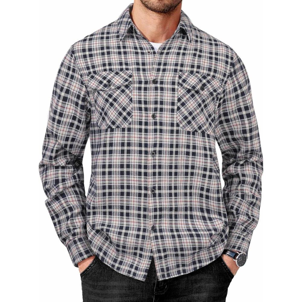 imageCOOFANDY Mens Flannel Shirts Long Sleeve Casual Plaid Button Down Shirt Cotton Shirt Cowboy Work Shirts with PocketsNavy Blue