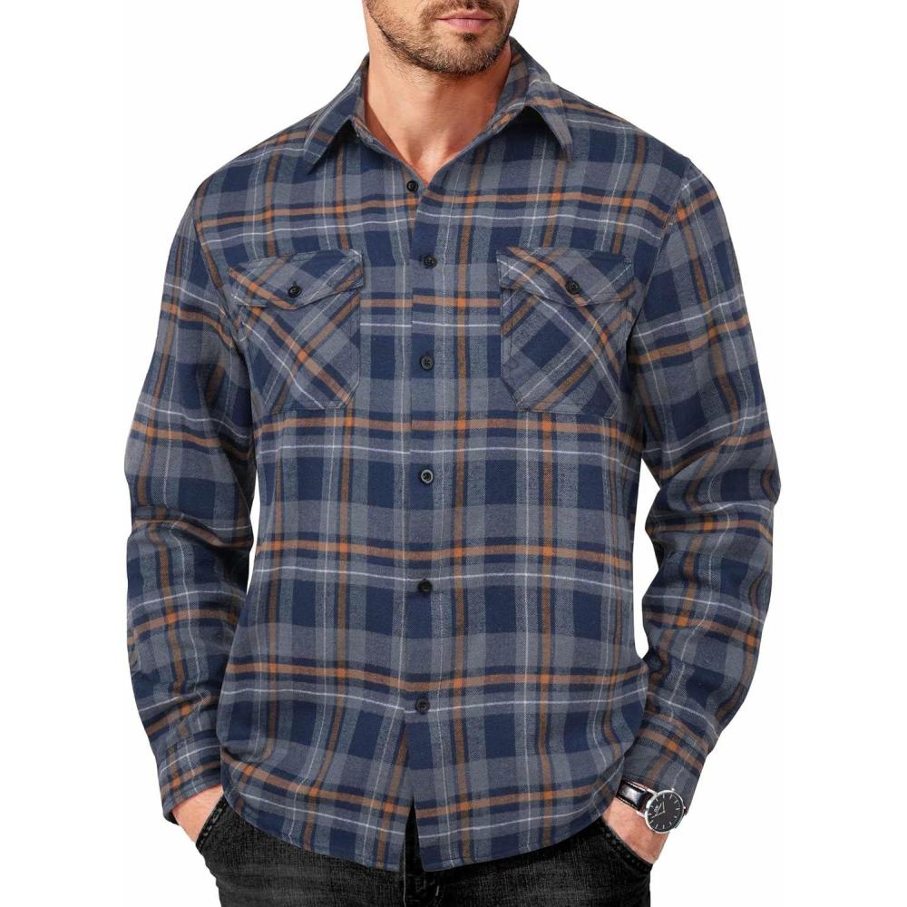 imageCOOFANDY Mens Flannel Shirts Long Sleeve Casual Plaid Button Down Shirt Cotton Shirt Cowboy Work Shirts with PocketsNavy Bluegrey