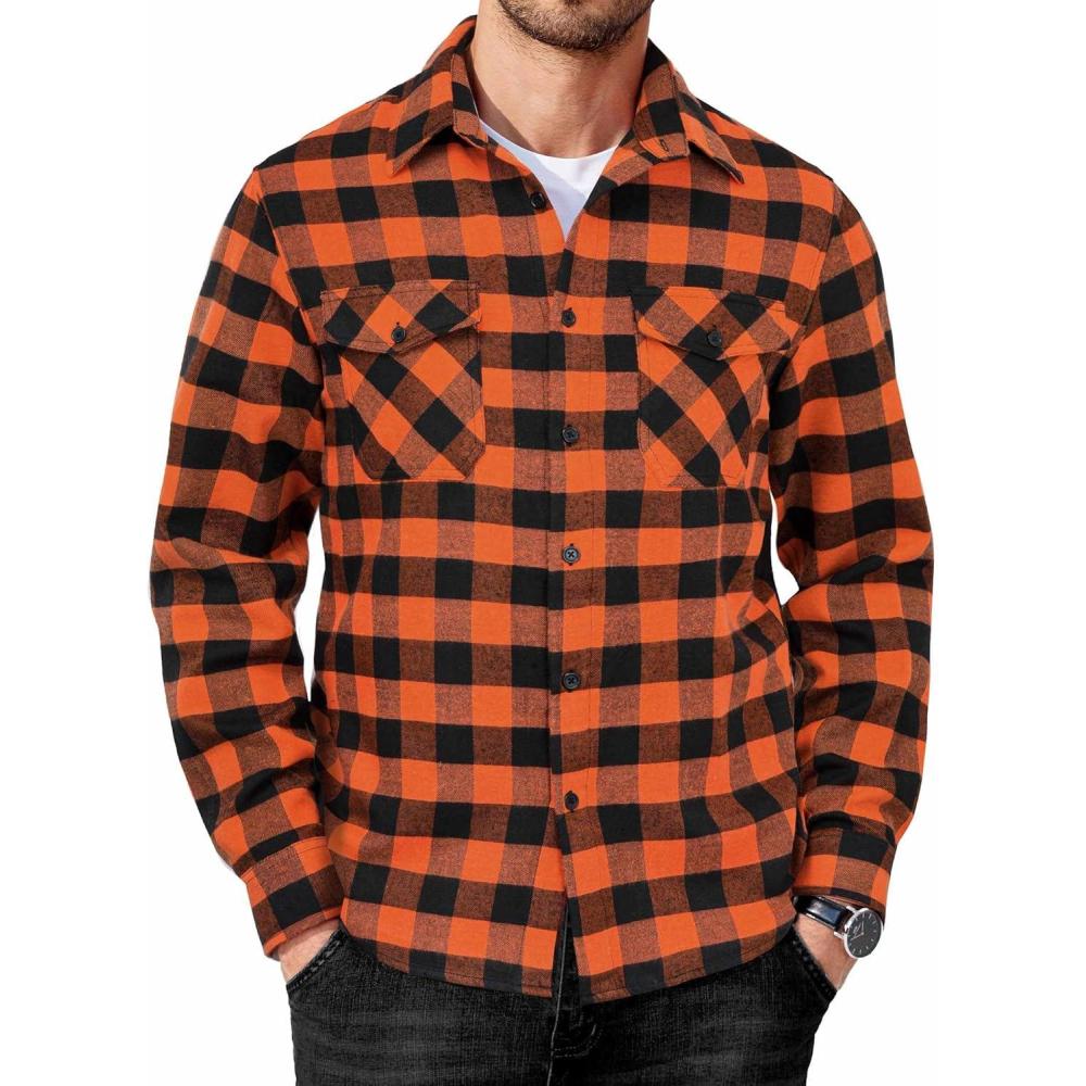 imageCOOFANDY Mens Flannel Shirts Long Sleeve Casual Plaid Button Down Shirt Cotton Shirt Cowboy Work Shirts with PocketsOrange