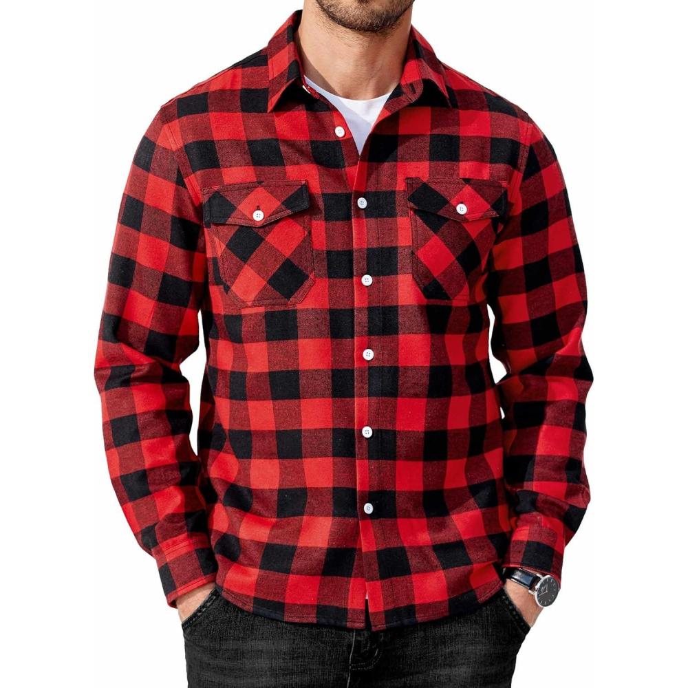 imageCOOFANDY Mens Flannel Shirts Long Sleeve Casual Plaid Button Down Shirt Cotton Shirt Cowboy Work Shirts with PocketsRed