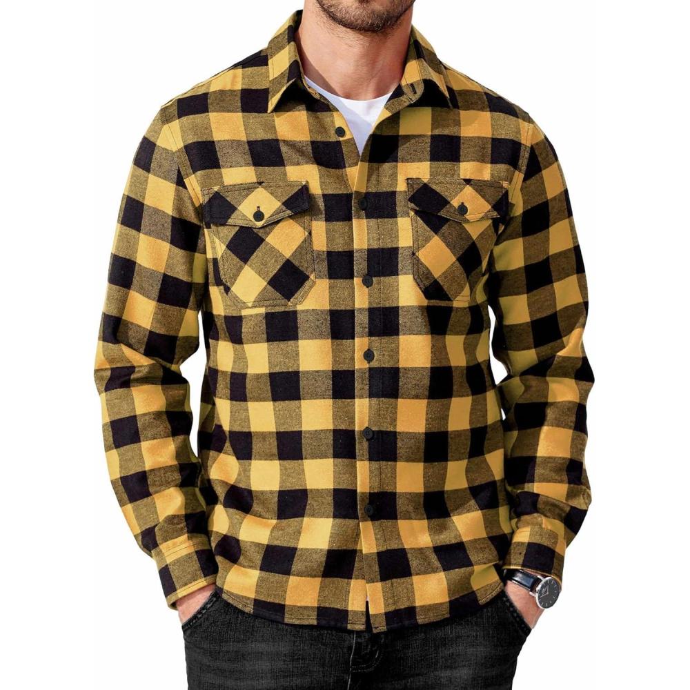 imageCOOFANDY Mens Flannel Shirts Long Sleeve Casual Plaid Button Down Shirt Cotton Shirt Cowboy Work Shirts with PocketsYellow