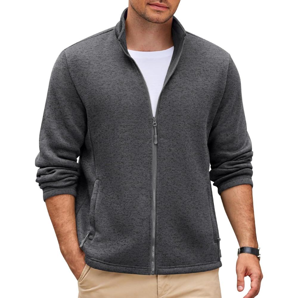 imageCOOFANDY Mens Fleece Jacket Zip Up Lightweight Sweater Jackets Casual Warm with Pockets for Home Office HikingDark Gray